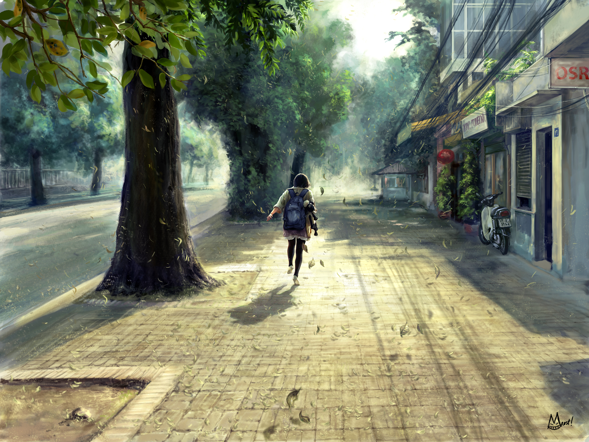 A runner embracing the wind, passing through empty streets with a backpack, amidst trees.