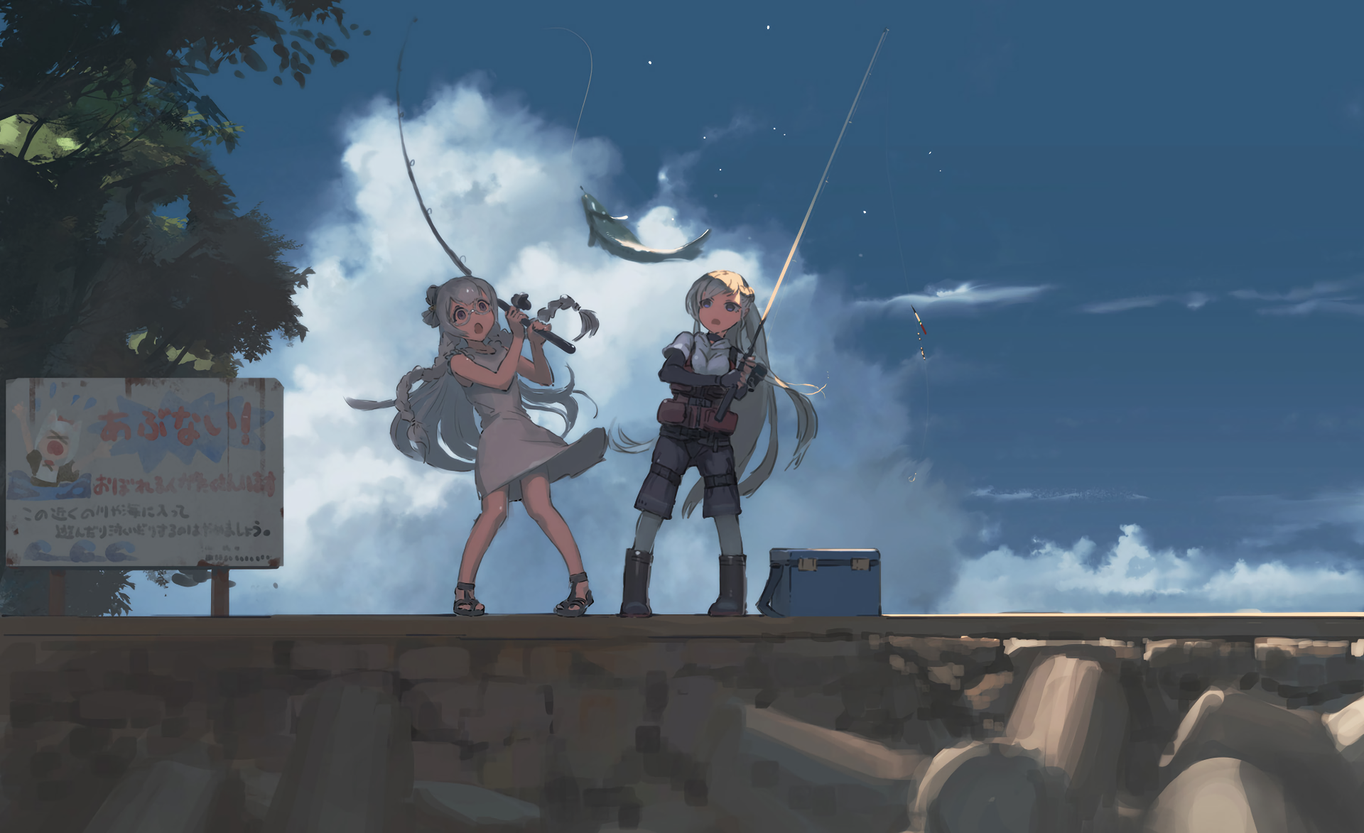 Hammann and Belfast from Azur Lane fishing together under a clear sky in an HD anime-style PC desktop wallpaper.