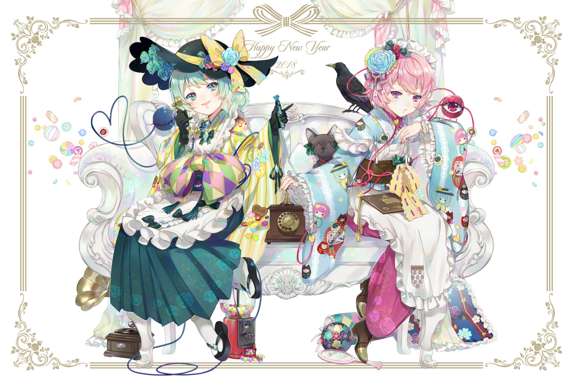 HD PC desktop wallpaper of Touhou anime characters Satori and Koishi Komeiji, wearing decorative hats and colorful dresses, seated on an ornate sofa amid pastel trinkets and floral motifs.