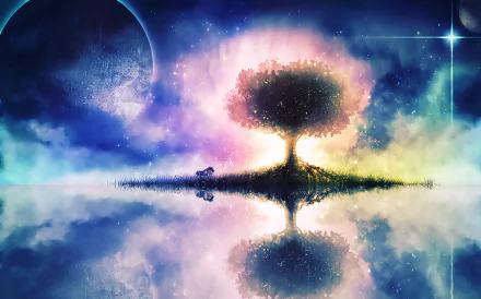 HD PC desktop wallpaper: original fantasy anime scene of a glowing tree on a floating island, mirrored in calm water beneath a distant planet and a bright star.