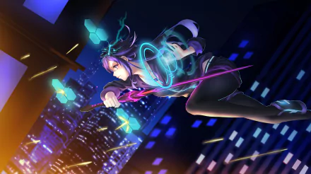 Anime character Neptune from Hyperdimension Neptunia, dressed in pantyhose, wielding a magical sword, and surrounded by glowing runes. The HD desktop wallpaper features a vibrant cityscape at night.