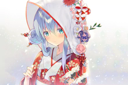 Anime character with blue eyes and white hair in traditional Japanese clothes, adorned with floral ornaments, against a soft, sparkling background. HD desktop wallpaper.
