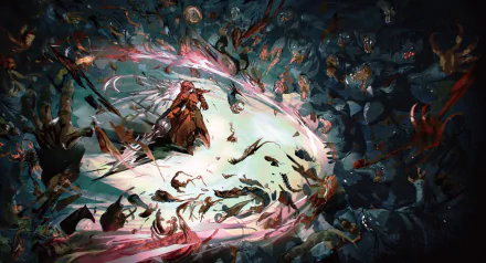 HD anime wallpaper from Overlord featuring a dynamic battle scene with a central character surrounded by swirling mystical forces and adversaries.