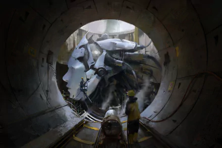 HD wallpaper featuring a giant sci-fi robot emerging from a building tunnel, with a person observing nearby.