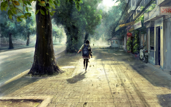 Anime Original Street Running Wind Tree Backpack HD Wallpaper | Background Image