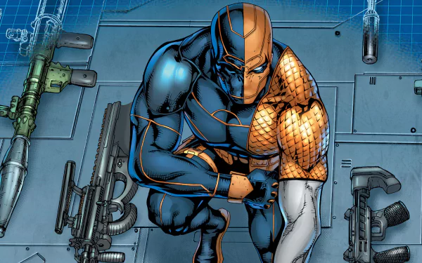 A stunning HD wallpaper featuring Deathstroke from DC Comics, showcasing the iconic character in a dynamic pose against a backdrop of weapons and blueprints.