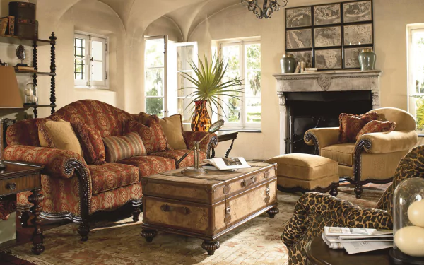 A 4K Ultra HD living room interior featuring richly patterned sofas, a wooden coffee table, ornate furniture, and large windows filling the room with natural light.
