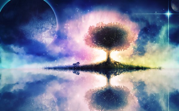 Anime Original Fantasy Reflection Tree Stars Planet HD Wallpaper | Background Image