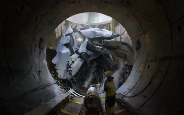 HD wallpaper featuring a giant sci-fi robot emerging from a building tunnel, with a person observing nearby.