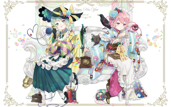 HD PC desktop wallpaper of Touhou anime characters Satori and Koishi Komeiji, wearing decorative hats and colorful dresses, seated on an ornate sofa amid pastel trinkets and floral motifs.