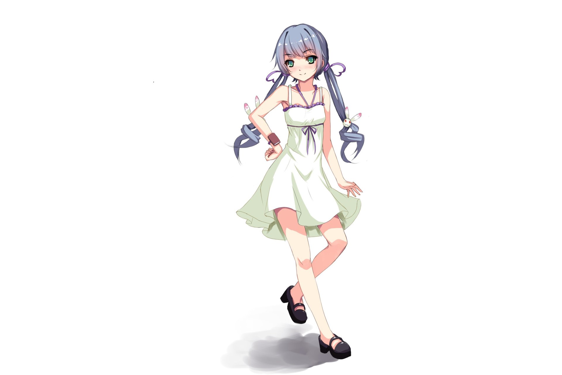 Anime-style original character with blue twintails, green eyes, and a white dress, set against a plain background as an HD PC desktop wallpaper.