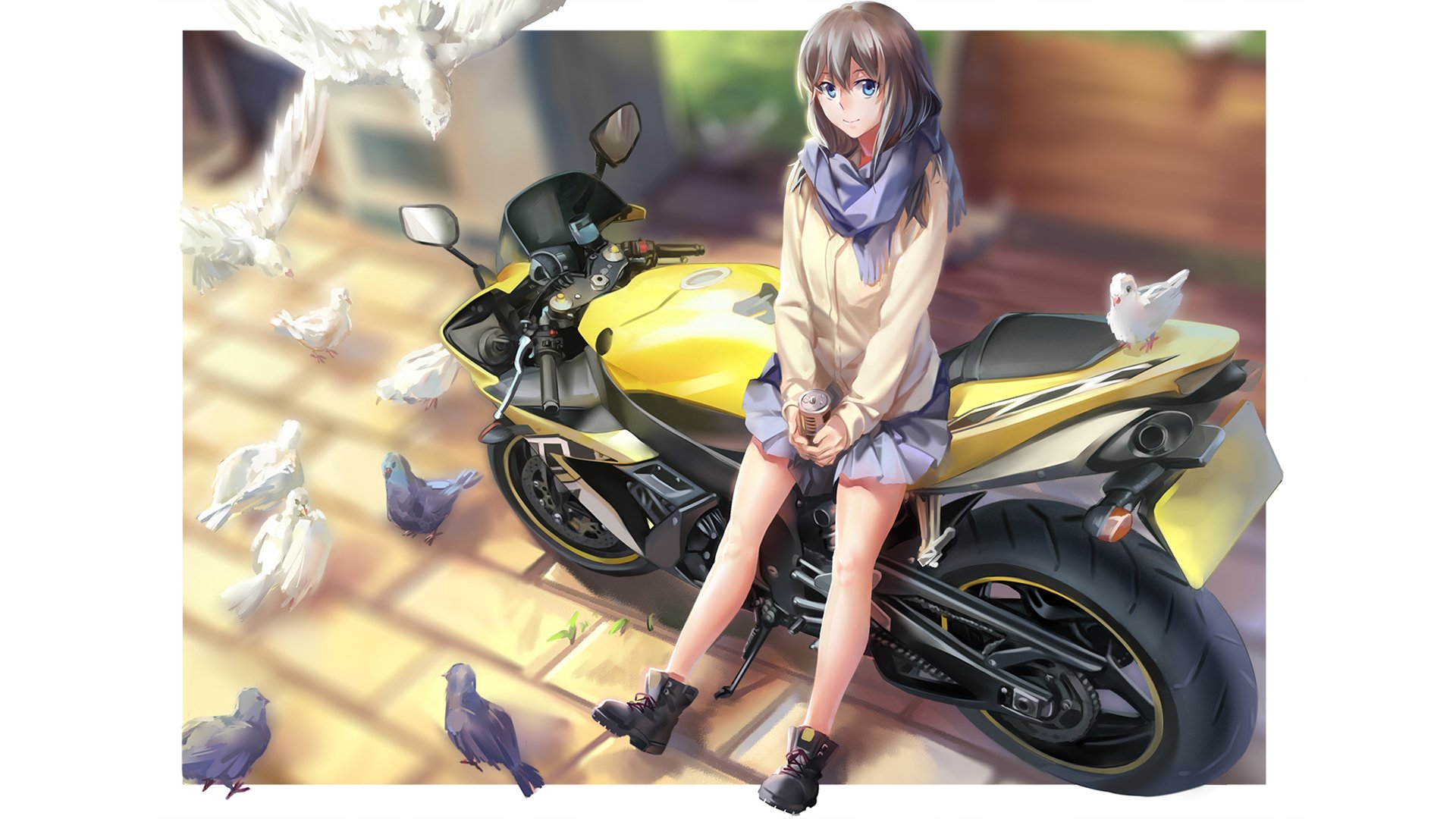Anime-style schoolgirl with blue eyes sits on a yellow Kawasaki motorcycle surrounded by doves in a sunlit setting, rendered as an HD PC desktop wallpaper.