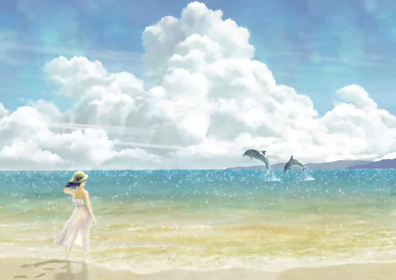 Anime-style HD desktop wallpaper depicting a serene beach scene with a woman in a hat and two dolphins leaping from the ocean under a cloudy sky.