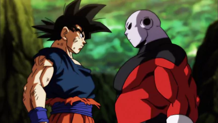 HD Dragon Ball Super wallpaper featuring intense face-off between Goku and Jiren in a forest setting.