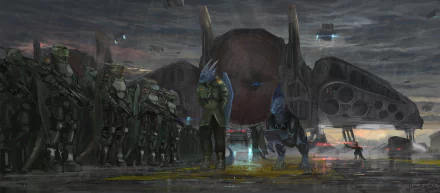 A sci-fi HD desktop wallpaper depicting alien warriors and soldiers armed with weapons, standing in the rain before a massive spaceship, set in a dark, futuristic battleground.