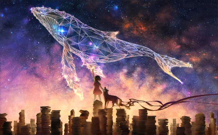 A stunning anime-inspired wallpaper featuring a cosmic whale soaring through a starry night sky, accompanied by a person and a dog amidst city silhouettes.