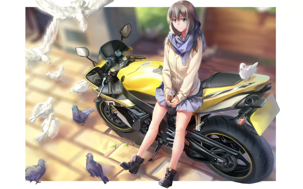 Anime-style schoolgirl with blue eyes sits on a yellow Kawasaki motorcycle surrounded by doves in a sunlit setting, rendered as an HD PC desktop wallpaper.