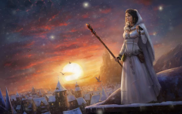A sorceress in a white dress stands on a snowy rooftop at sunset, overlooking a winter town under a cloudy, starry sky, holding a magical staff.