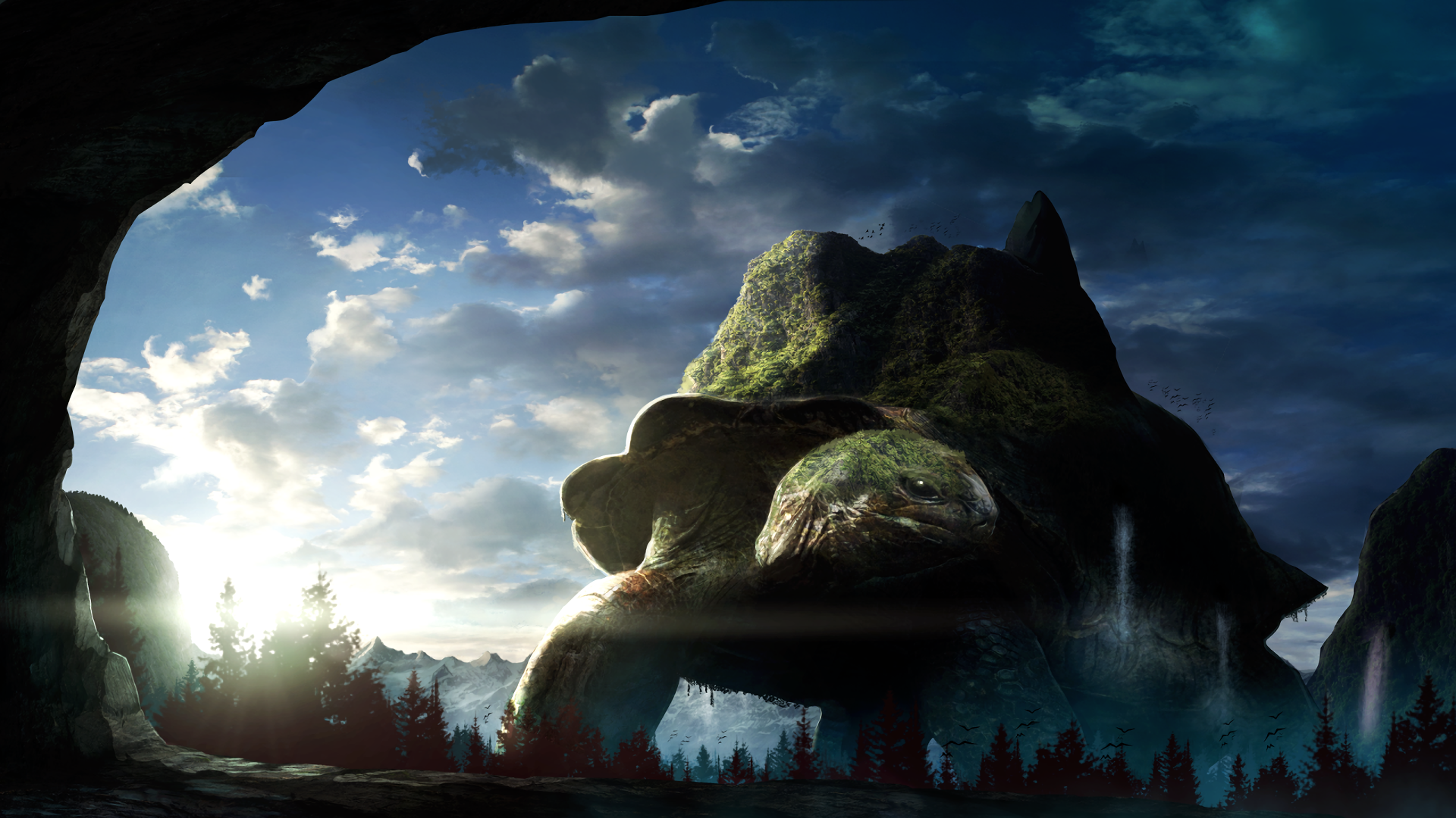 A captivating HD anime wallpaper showcasing a massive, moss-covered creature resembling a turtle against a dramatic sky, with forest silhouettes in the foreground.