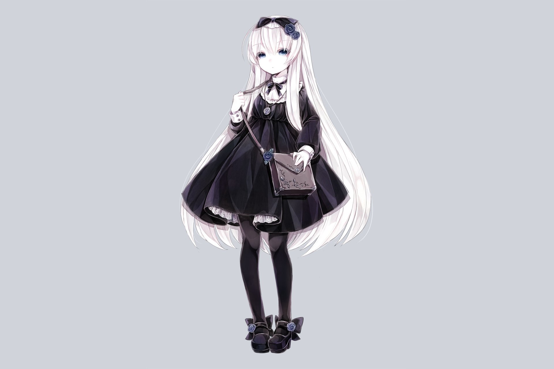 Anime-style original character with long white hair wearing a black dress and thigh highs, set against a plain background, designed as an HD PC desktop wallpaper.