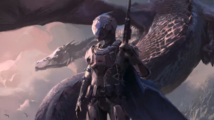 HD wallpaper featuring a Sci-Fi fantasy warrior holding a gun, standing in an armored suit with a dragon in the background, set against a dramatic sky.