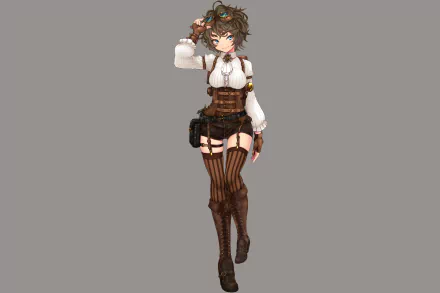 Anime character with blue eyes, short brown hair, glasses, and a white blouse paired with brown shorts and thigh-high, lace-up boots. HD desktop wallpaper and background.