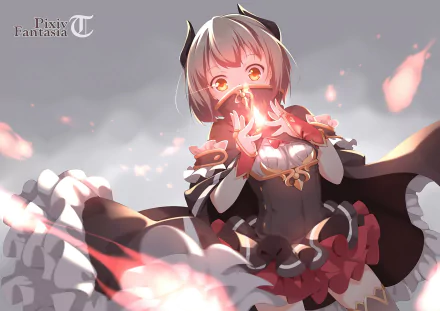 HD PC desktop wallpaper featuring an anime character from Pixiv Fantasia T, glowing with magical light in a detailed fantasy outfit against a cloudy sky backdrop.
