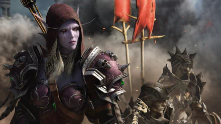 HD desktop wallpaper of Sylvanas Windrunner, an elf woman warrior from World of Warcraft: Battle for Azeroth, depicted in detailed armor, standing resolutely with a battle scene in the background.