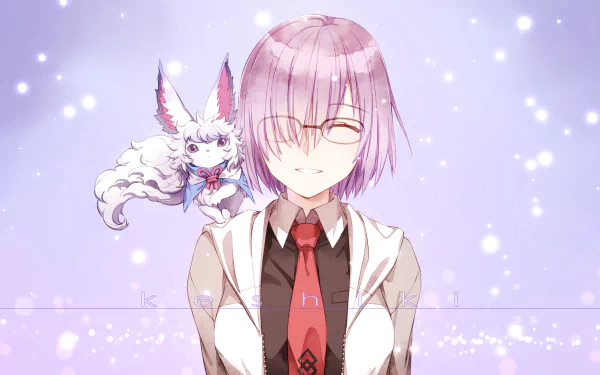 HD anime desktop wallpaper featuring Mashu Kyrielight with Fou from Fate/Grand Order, set against a soft purple background with glowing light effects.