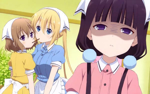 4K Ultra HD wallpaper featuring Mafuyu Hoshikawa, Kaho Hinata, and Maika Sakuranomiya from the anime Blend S in their café uniforms.