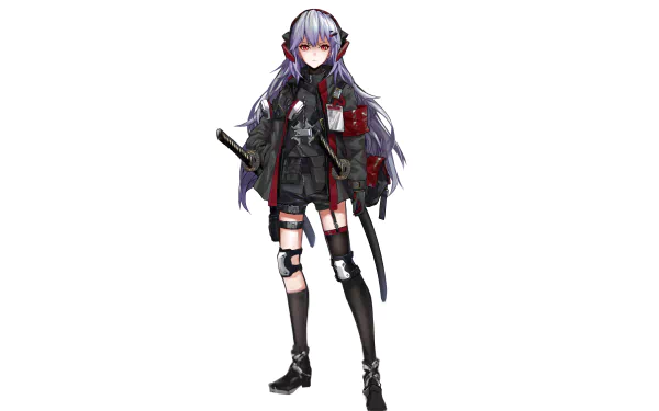 Anime-style original character with long purple hair, red eyes, thigh highs, and a jacket, holding a katana, presented in 4K Ultra HD for PC wallpaper.