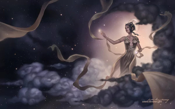 HD PC desktop wallpaper of a magical fantasy woman in an elegant flowing dress, surrounded by clouds and ethereal ribbons under a starry night sky.