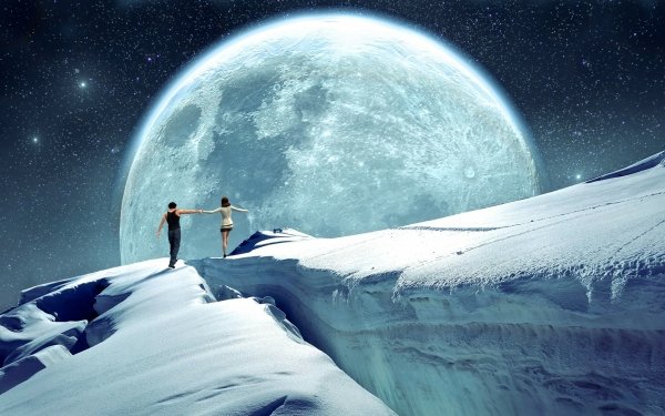 Fantasy Winter Couple Moon Snow Mountain HD Wallpaper | Background Image