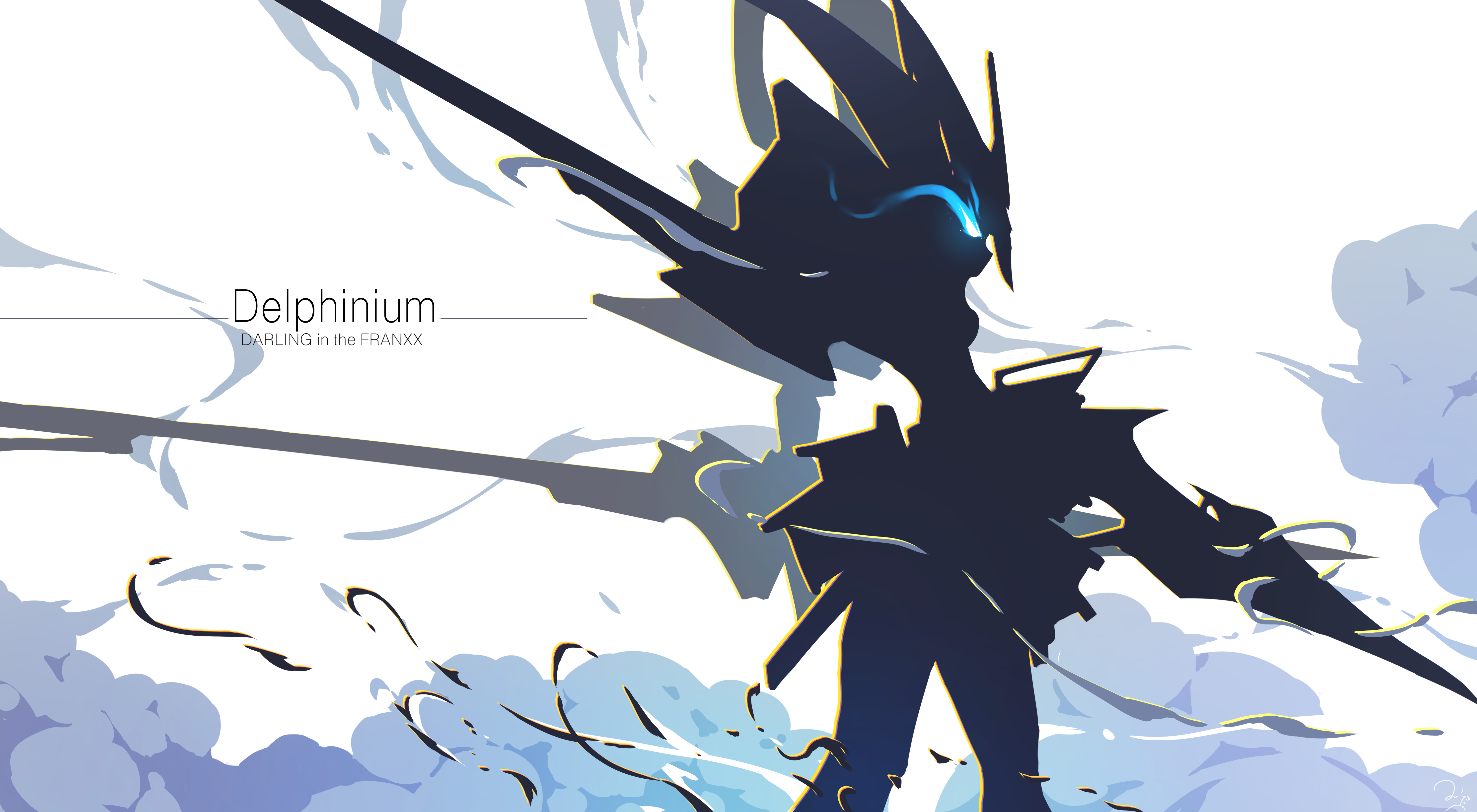 HD desktop wallpaper featuring a stylized silhouette of Delphinium from Darling in the FranXX set against a dynamic blue and white abstract background.