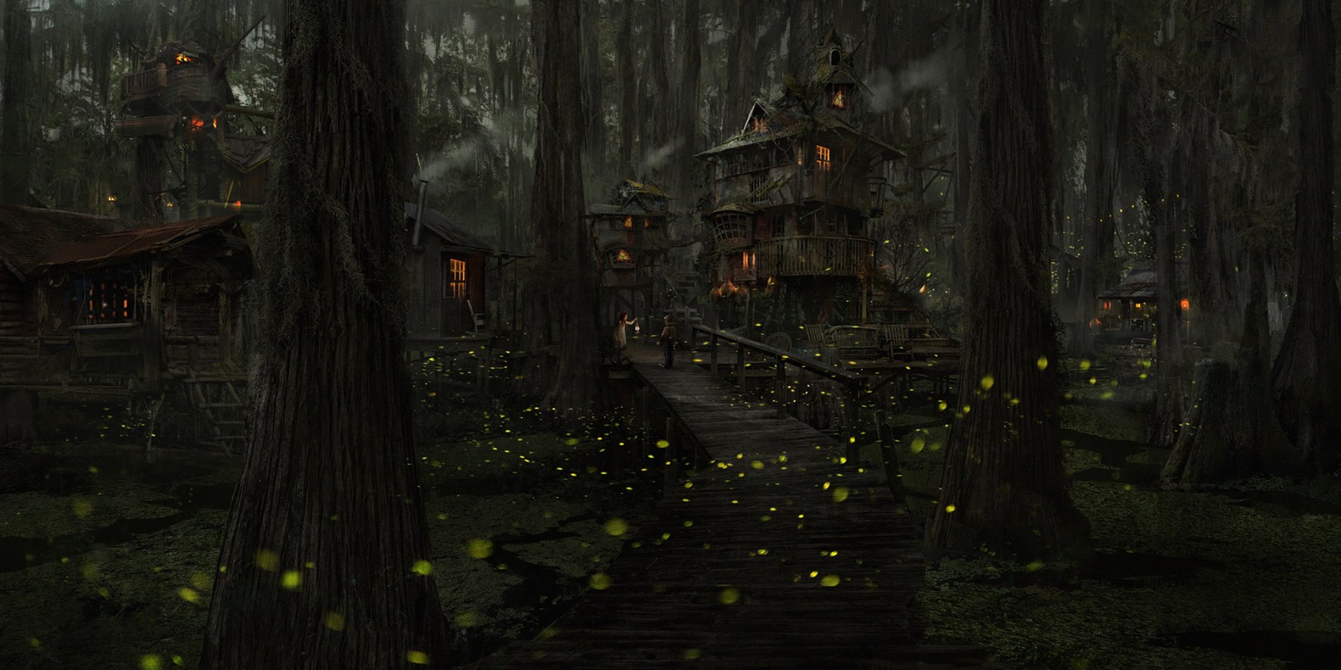 A fantasy HD desktop wallpaper depicting a child standing on a wooden path in a mystical forest with glowing fireflies and treehouses illuminated in the background.