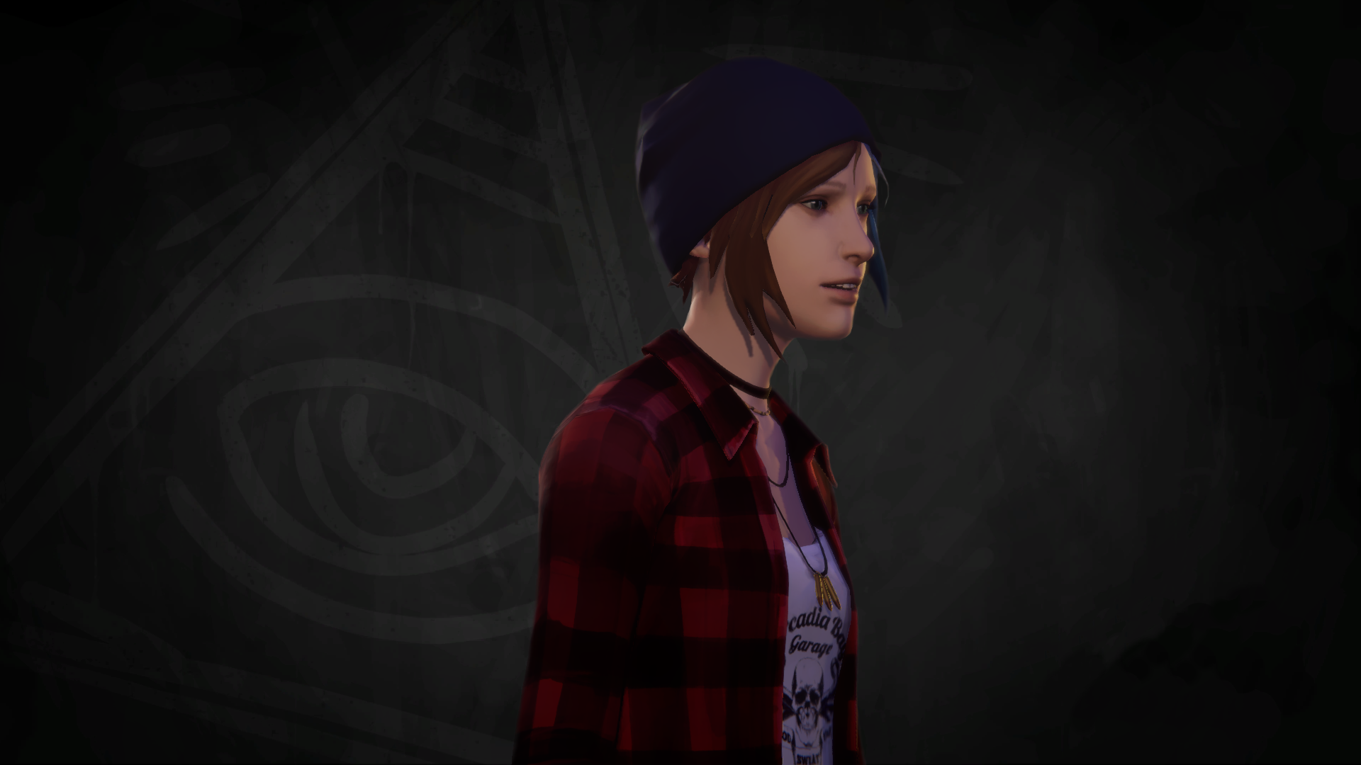 HD PC desktop wallpaper of Chloe Price from the video game Life Is Strange: Before the Storm — side profile in a beanie and red plaid shirt against a dark chalkboard background with a stylized eye.