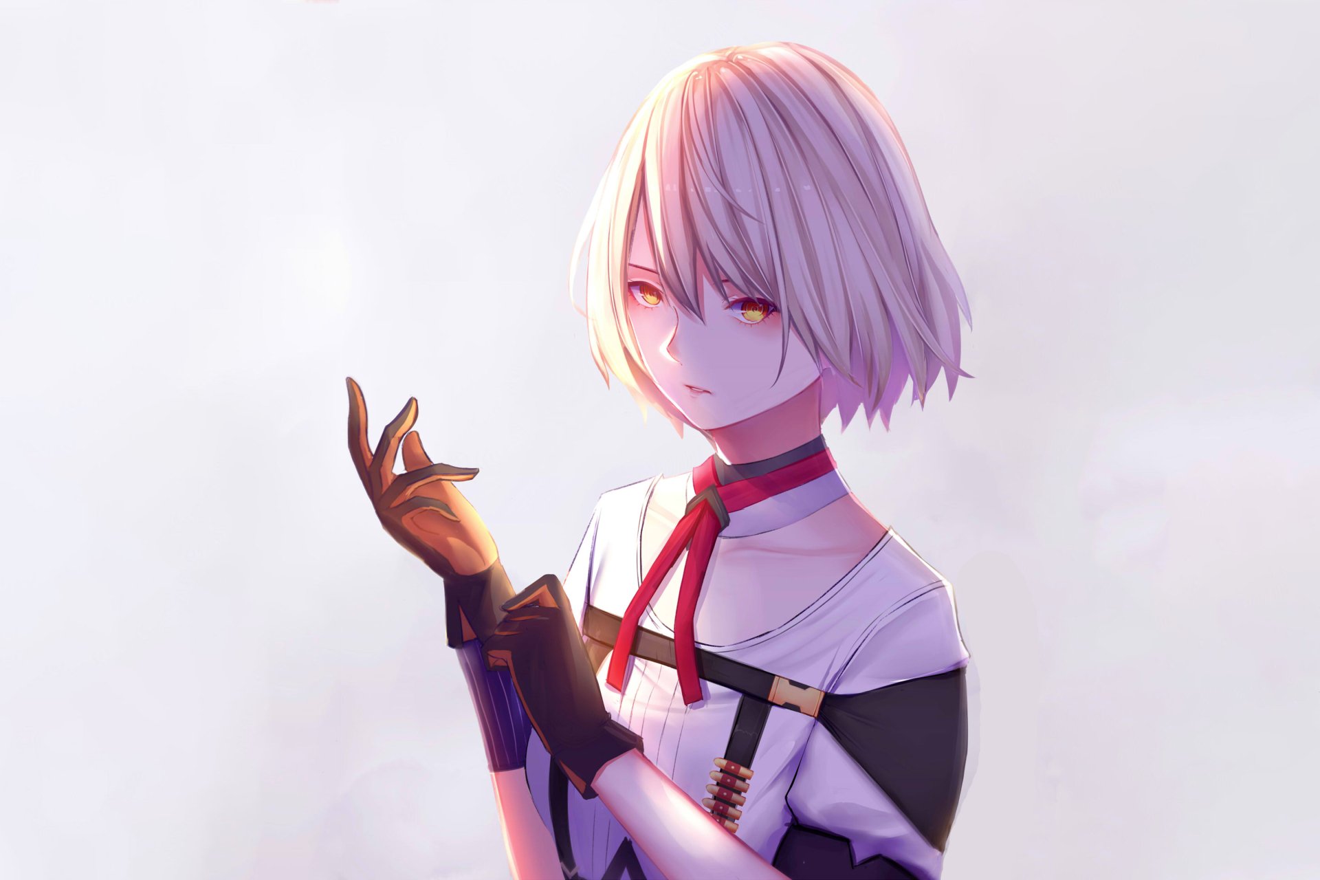 Vector art from the video game Girls Frontline: 2K Quad HD PC desktop wallpaper of a pale, short-haired T-Doll with a red ribbon and gloves against a soft pastel background.