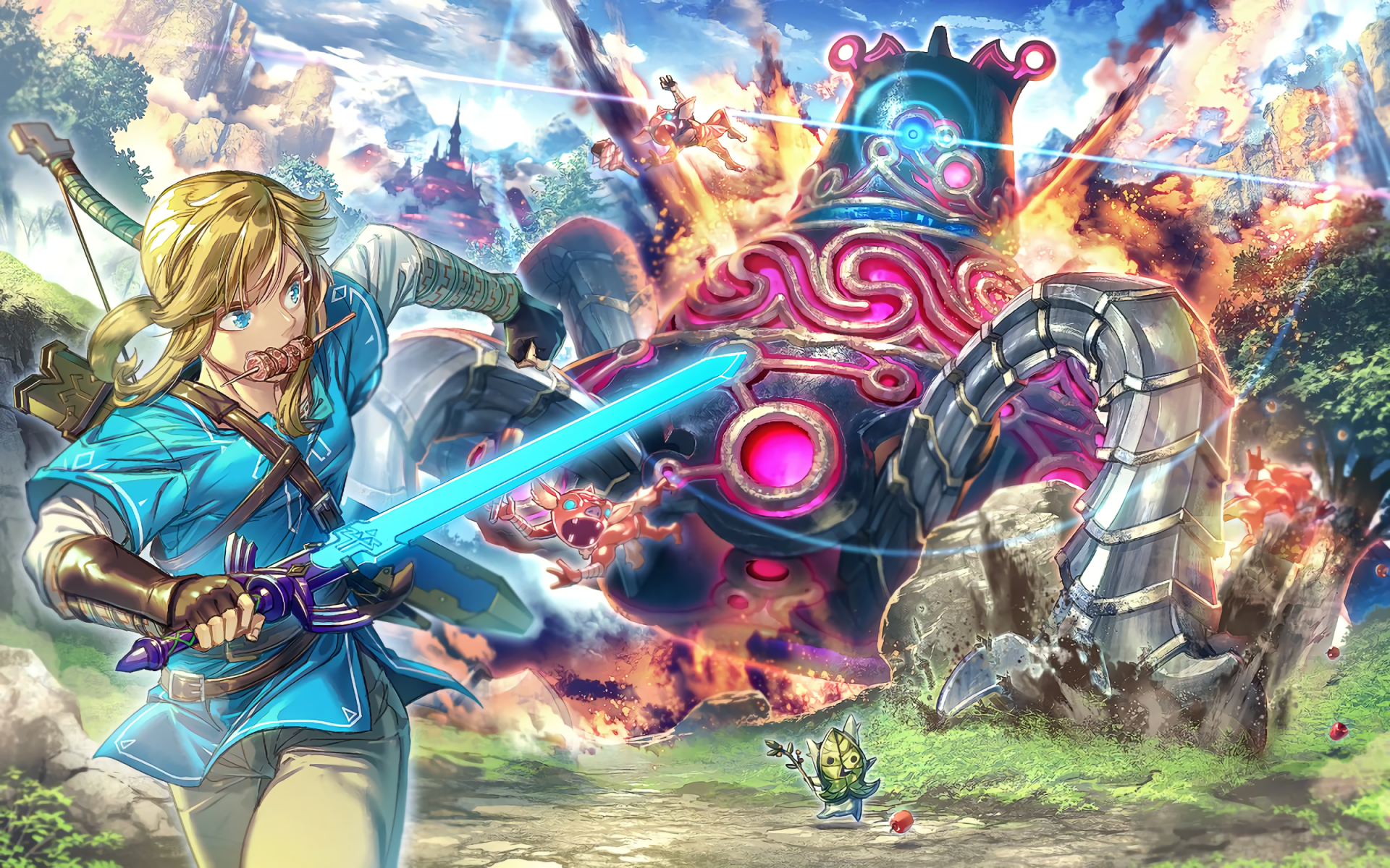 HD desktop wallpaper featuring Link battling a Guardian in The Legend of Zelda: Breath of the Wild.