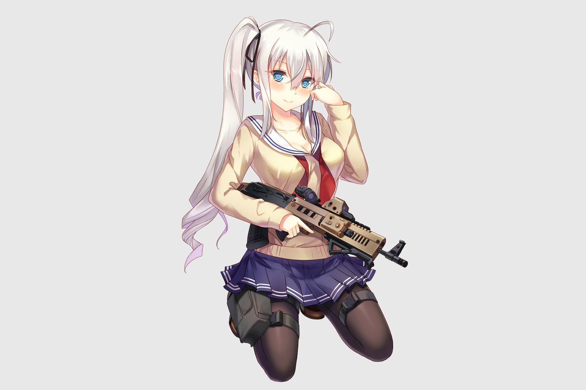 Anime-style original character with long white hair and blue eyes, dressed in a school uniform, holding a gun. HD PC desktop wallpaper and background.
