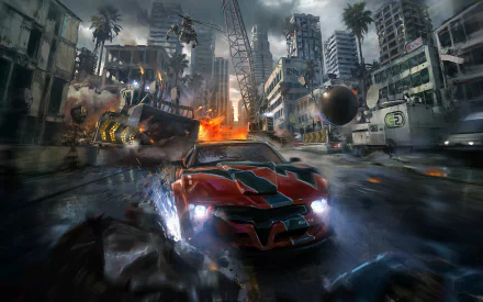 HD PC desktop wallpaper featuring intense action from the video game Split Second with a red car speeding through a city while a helicopter and wrecking ball create chaos.