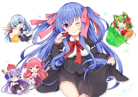 HD anime desktop wallpaper featuring various characters with twintails, vibrant hair colors, and expressive eyes. Central character with blue hair, pink ribbons, and a dress, surrounded by others with unique styles.