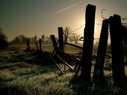 A tranquil HD wallpaper featuring a rustic wooden fence silhouetted against a misty sunrise, surrounded by lush grass and trees in the background.