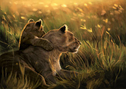 HD wallpaper of a lioness and her cub in a golden-lit field, exuding warmth and affection.