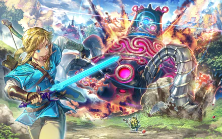 HD desktop wallpaper featuring Link battling a Guardian in The Legend of Zelda: Breath of the Wild.