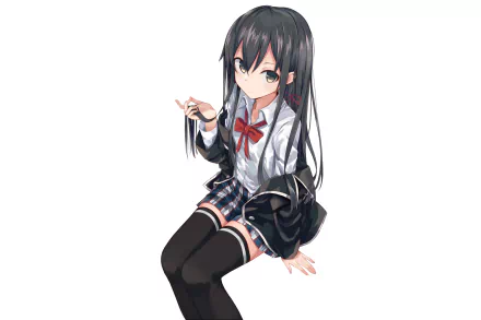 Yukino Yukinoshita from My Teen Romantic Comedy SNAFU in school uniform, seated against a white background — anime HD PC desktop wallpaper/background.