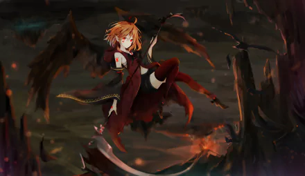 HD anime original artwork of a red-haired character in dark attire with black wings, set against a dramatic, shadowy background, designed as a PC desktop wallpaper.