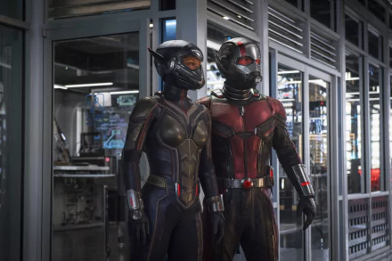 Evangeline Lilly as Wasp and Paul Rudd as Ant-Man in detailed suits, featured in a 4K Ultra HD desktop wallpaper from the Ant-Man and the Wasp movie.