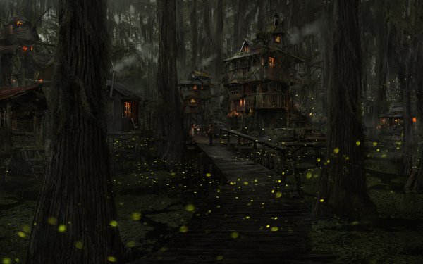 Fantasy Forest Building Firefly Tree Child HD Wallpaper | Background Image
