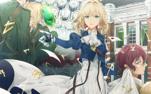 HD wallpaper of characters from the anime Violet Evergarden, featuring Gilbert Bougainvillea, Claudia Hodgins, and Violet Evergarden. The image showcases detailed artwork with vibrant colors.