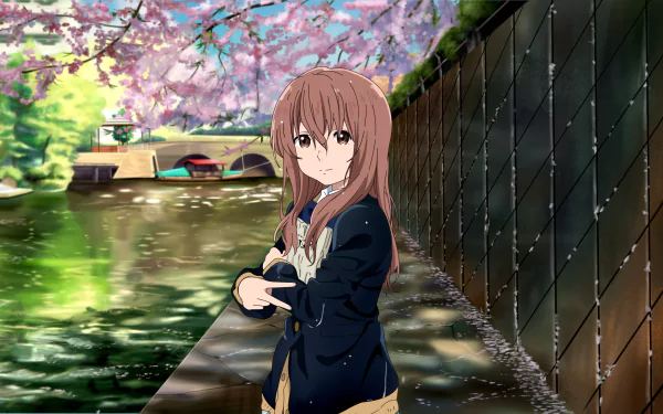 HD desktop wallpaper of Shouko Nishimiya from A Silent Voice anime, standing by a river with cherry blossoms in the background.